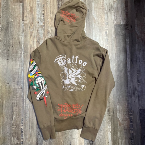 SOLD - Don Ed Hardy hooded sweater 2000s y2k beige graphic hoodie tattoo - Picture 9 of 11